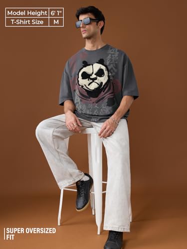 The Souled Store Kung Fu Panda: Angry Panda Men and Boys Short Sleeves Round Neck Grey Graphic Printed Embroidered Cotton Oversized T-Shirt