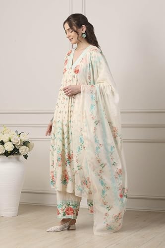 Biba Women White Cotton Anarkali Suit Set_38