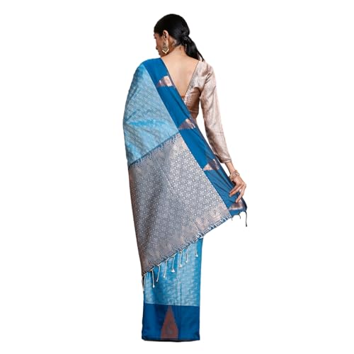 Kalyan Silks Women's Blue Silver Zig Zak Desigen Semi Silks Saree With Temple Border With Zari Blue Blouse