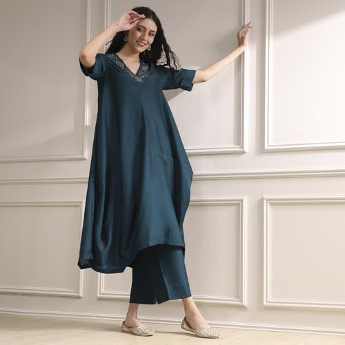 Biba Women's Viscose Blend Kurta Set (STNCL30037AW25TEL_Teal Blue
