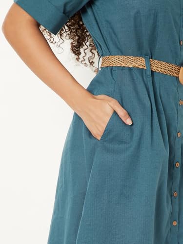 Max Kalki x Max Women Solid Shirt Midi Dress with Belt (Teal_L)