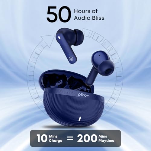 pTron Bassbuds Fury in-Ear TWS Earbuds with 13mm Drivers, 50Hrs Playtime, AI-ENC Clear Calls, Bluetooth V5.4 Wireless Headphones, Voice Assistant, Type C Charging & IPX5 Water Resistant (Blue)