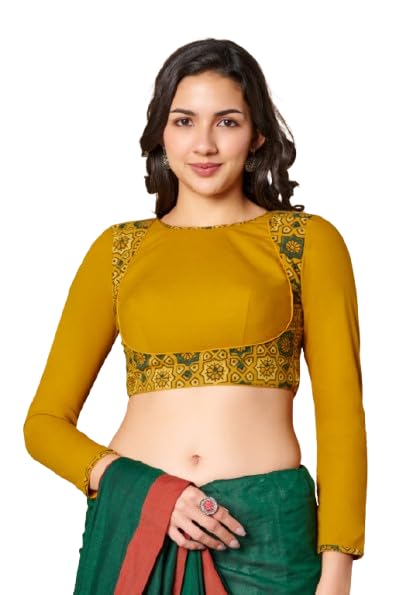 Yellow Ajrakh Pure Cotton Round Neck Readymade Blouse