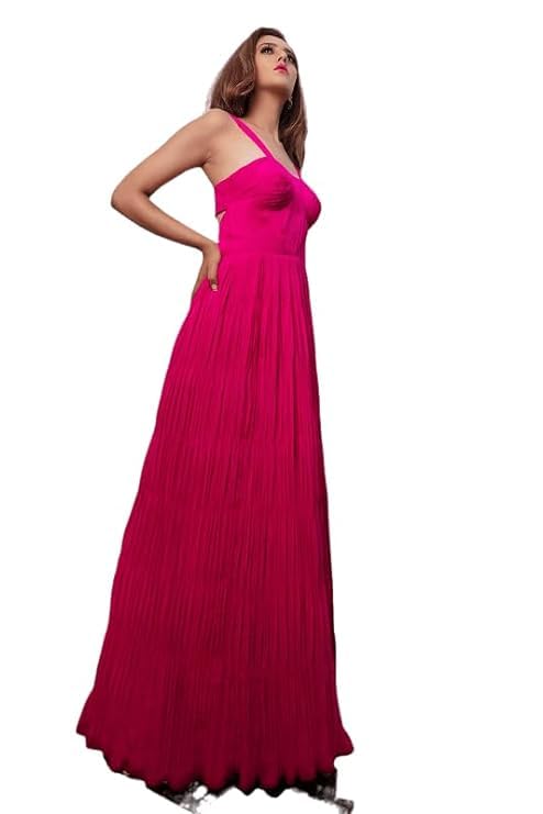 HarLiv Bright Pink Gown Women Ruched Georgette Base with Hand Pleated Details Thigh High Slit (XXX-Large)