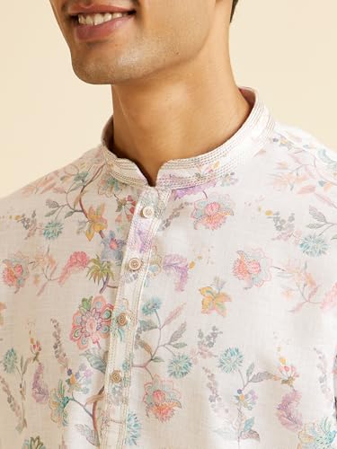 Manyavar Men's Cotton Blend Printed Short Kurta (Warm White,L)