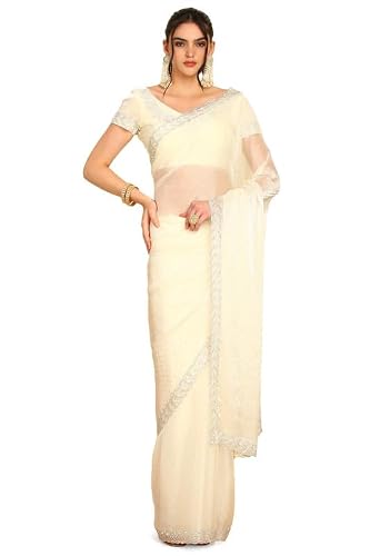 Soch Womens Cream-Coloured Stone Embellished Organza Saree