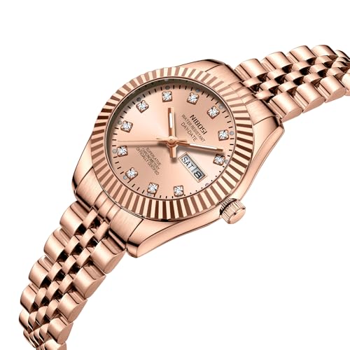 NIBOSI Watches for Woman Analog Quartz Stainless Steel Diamond Rose Gold Green Small Dial Women Watches Classic Wrist Watch Date Waterproof (A06-Rose Gold)