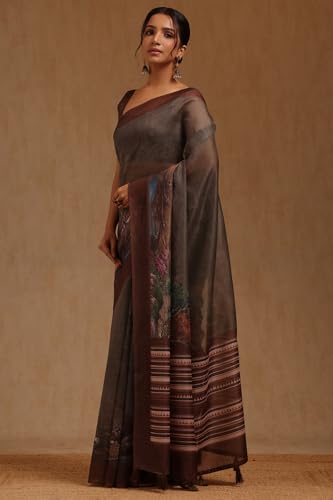 Soch Womens Olive Chanderi Digital Print Saree