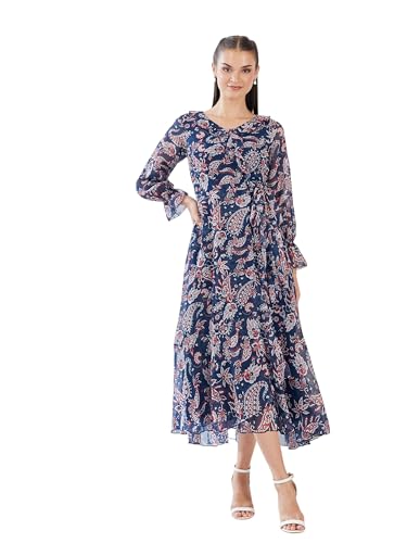 Miss Chase Women's V Neck Full Sleeves Polyester Relaxed Fit Midi Length Dress (MCAW25D85-78-178-02, Multicolored Base Navy Blue, XS)