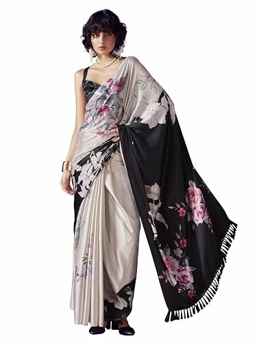 Womanista Women's Satin Two Way Floral Black Saree With Un-stitched blouse