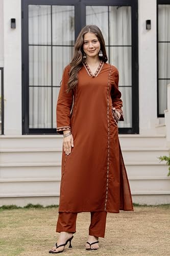 MEERA FAB Women Floral Printed Pure Cotton Straight V-Neck Side Pocket Kurta with Palazzos & Dupatta