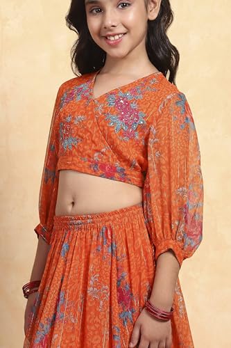 Biba Girl's Orage Polyester Prited Kalidar Lehega Set
