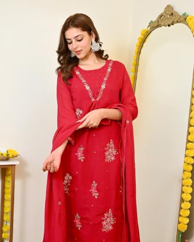 Women's Red Chanderi Embroidered Straight Kurta Set With Dupatta And Pant