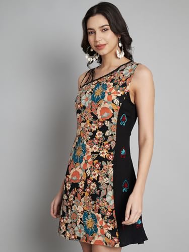 veldress21 Women Multicolor Short Mini Beachwear Flare Dress Summer Stylish Straps Embroidery Sides (in, Alpha, XL, Regular, Multi)