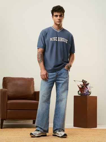 The Souled Store Varsity T-Shirt: Sangria Men and Boys Short Sleeves V-Neck Embroidered Casual Lightweight Drop Shoulder Streetwear Trendy Oversized T-Shirts