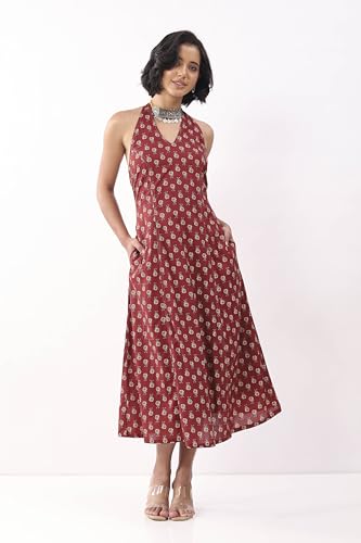 Biba Nxt Women Maroon Cotton Printed A Line Dress_30