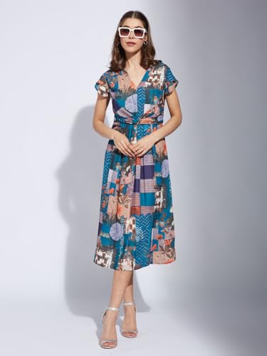 Latin Quarters Women Teal V-Neck Half Sleeve Printed A-Line Dress_L