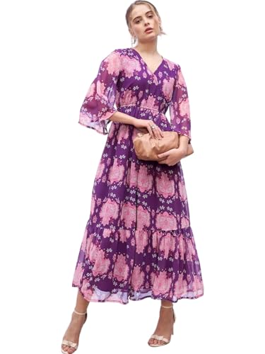 Women Long Sleeve Wrap Maxi Dress (Purple,L)