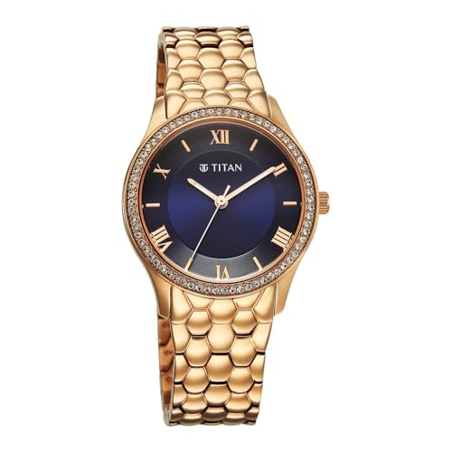 Titan Glamour Quartz Analog Blue Dial Stainless Steel Strap Watch for Women