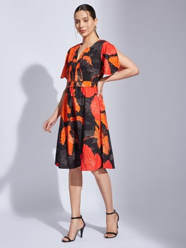 Latin Quarters Women Black V-Neck Short Sleeve Printed A-Line Dress for Casual Wear