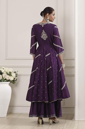 Biba Women Purple Chanderi Silk Anarkali Suit Set_36