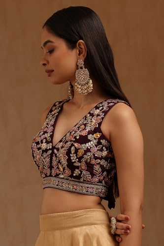 Soch Womens Wine Crepe Embroidered Padded Blouse with Sequins