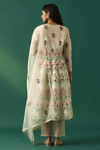 Wishful Women's Off-White Floral Embroidered Nylon Anarkali Kurta with Straight Pant and Dupatta Set - (SP12537-400316-XS)