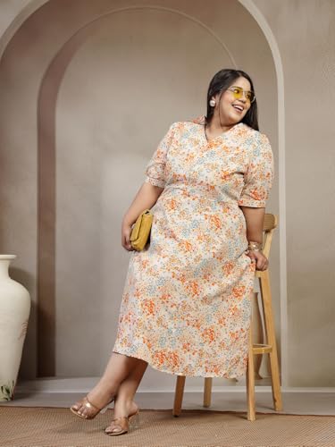 Women Plus Size Floral Print Fit & Flare Midi Dress (LDR24015-MULTIPRINT-7XL)