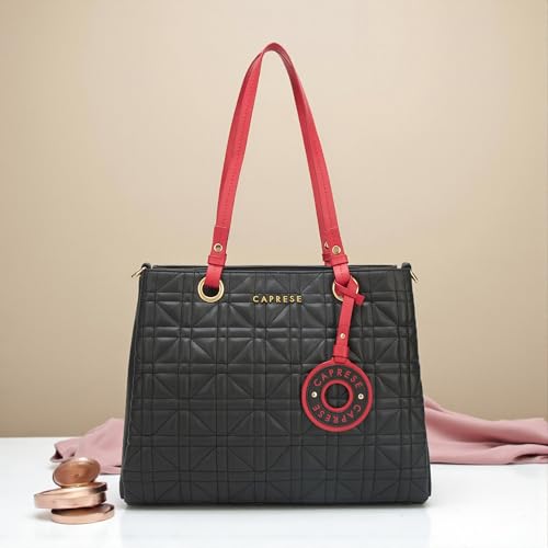 Caprese Aimee Large Quilted Faux Leather Satchel Bag for Women | Dual Closure, Multi-Compartment Shoulder & Crossbody Handbag with Detachable Strap | Perfect for Work, Travel & Shopping (Black)