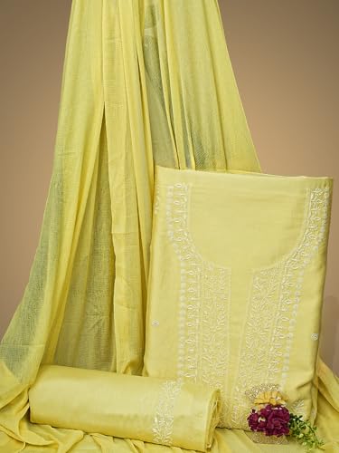 Ada Hand Embroidered Lucknowi Chikankari Unstitched Chanderi Dress Material Suit Piece with Dupatta for Women 01A791864 Lemon