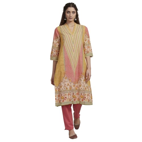 Biba Women Yellow Cotton Printed Straight Kurta_32