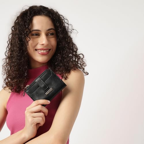 Fastrack Black Two-Fold Wallet | Faux-Leather Women’s Wallet | Compact Design with Card Slots & Zippered Pocket