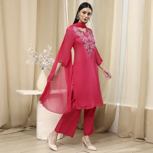 BIBA Women Fuchsia Embroidered Straight Suit Set_36