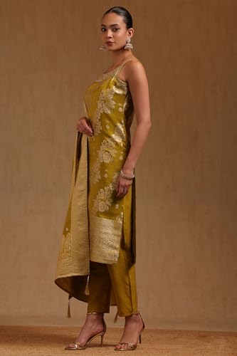 Soch Womens Light Green Brocade Floral Salwar Suit With Cutwork And Mirror