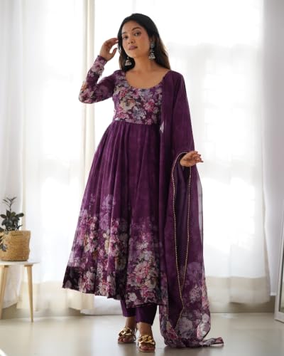 Leeli Peeri Designer Women's Organza Silk Floral Print Anarkali Kurta Set With Dupatta