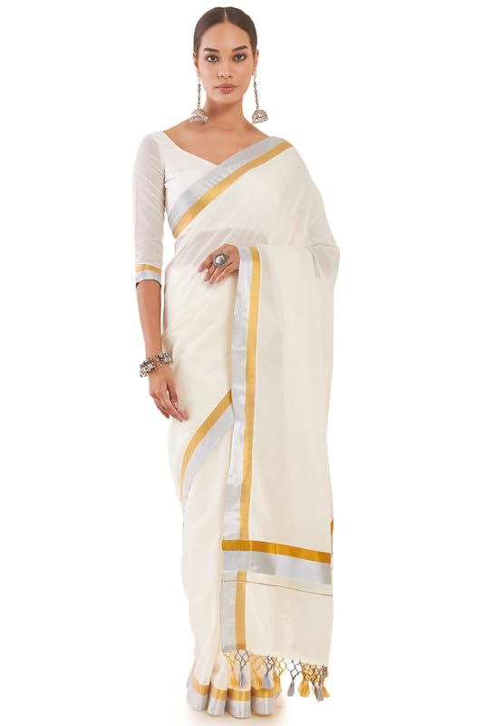 Soch Women Off White Cotton Kasavu Saree With Golden And Silver Zari Borders, Off-White