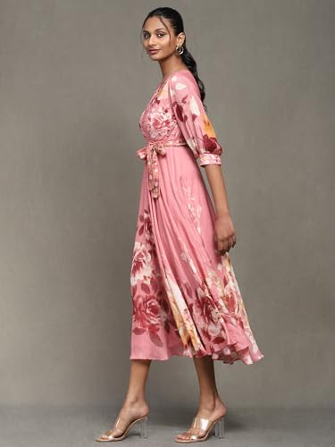 Ritu Kumar Rose Pink Botanic Print Long Dress with Attached Belt