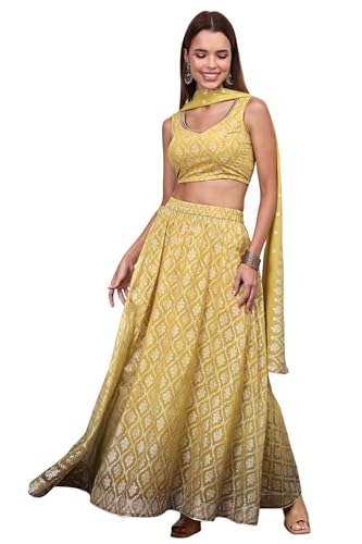Aurelia Women's Lime Green Digital Printed Beads Straight Crop Top, Flared Skirt and Dupatta Set (Size: XS)-AS16171-509919