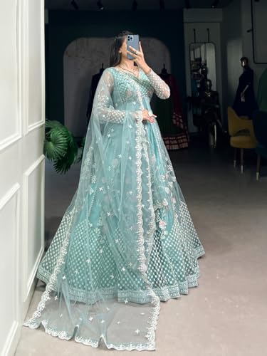 JULEE Women's Net Embroidered Semi-Stitched Gown Plus Gown Mint-GEM-01