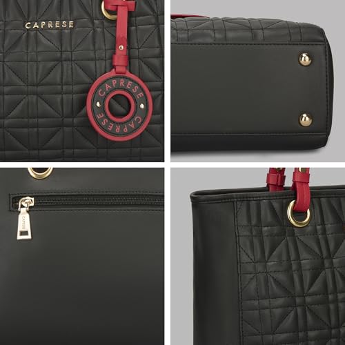 Caprese Aimee Medium Quilted Faux Leather Tote Bag for Women | Multi-Compartment Zippered Shoulder Handbag with Detachable Charm | Perfect for Work, Travel & Shopping (Black)