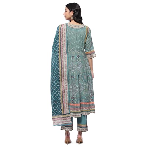 Biba Turquoise Cotton Anarkali Suit Set