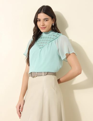 U.S. POLO ASSN. Women Lace Detailed Top (UWAW24TOP213_Blue_S)