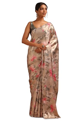 Soch Womens Beige Satin Floral Saree With Swarovski Stone