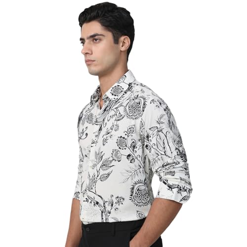 MUFTI Men Shirt | Slim Fit Full Sleeve Spread Collar Artistic Floral & Bird Print | Breathable Cotton Viscose Blend for Party Bright Snow White 6XL