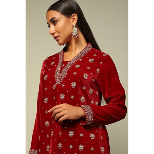 Rangriti Women's Poly Velvet Kurta Set (WNTRWR20383AW24RED_Red