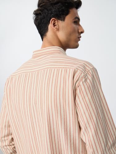 The Souled Store Cotton Linen Stripes: Apricot Men and Boys Long Sleeves Collared Neck Orange Stripes Regular Fit Lightweight Comfortable Summer Cotton Linen Shirts