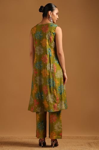 Soch Womens Light Green Desert Storm Floral Print Co-Ord Set With Mirror Work