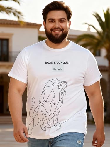 Bewakoof Men's Graphic Print Regular Fit Half Sleeve Round Neck Cotton Plus Size T-Shirt_694270_White_6XL