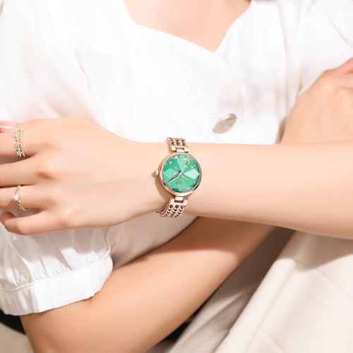 NIBOSI Watch for Woman Analog Quartz Rose Gold Stainless Steel Mesh Band Women Watches Stylish Diamond Wrist Watch Waterproof (Rose Green)