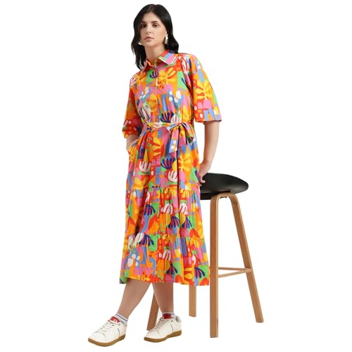 United Colors of Benetton Regular Fit Spread Collar Printed Dress (Size : XS) - 26P4WVDRL164I901 Multicolour